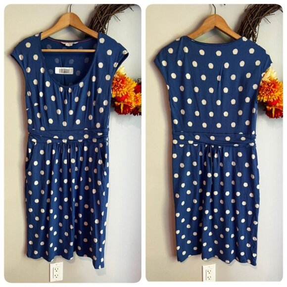 Bardot Margot Polka Dot Scoop Neck Dress 8L Blue White Ruched Waist - Picture 1 of 11